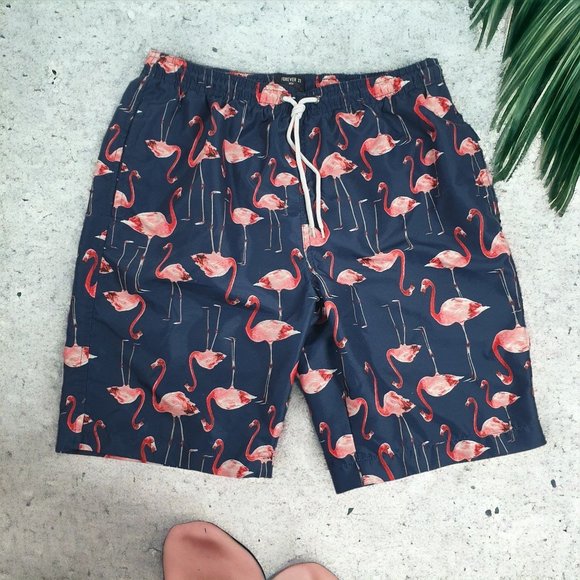 Flamingo Men Medium Swim Trunks Board Shorts Forever 21 Lined Beach Hawaiian - Picture 1 of 8
